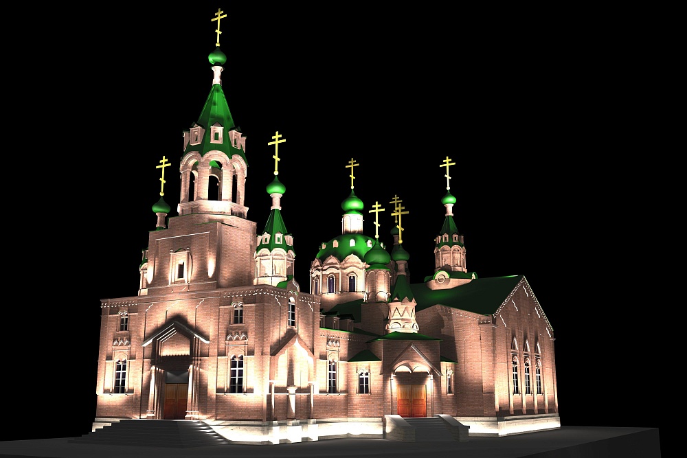 Визуализация архитектурного освещения фасада храма Александра Невского г. Челябинск 
